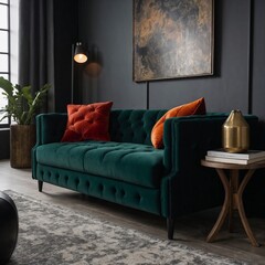 Elegant dark living room with green tufted sofa, orange pillows, and stylish modern decor elements