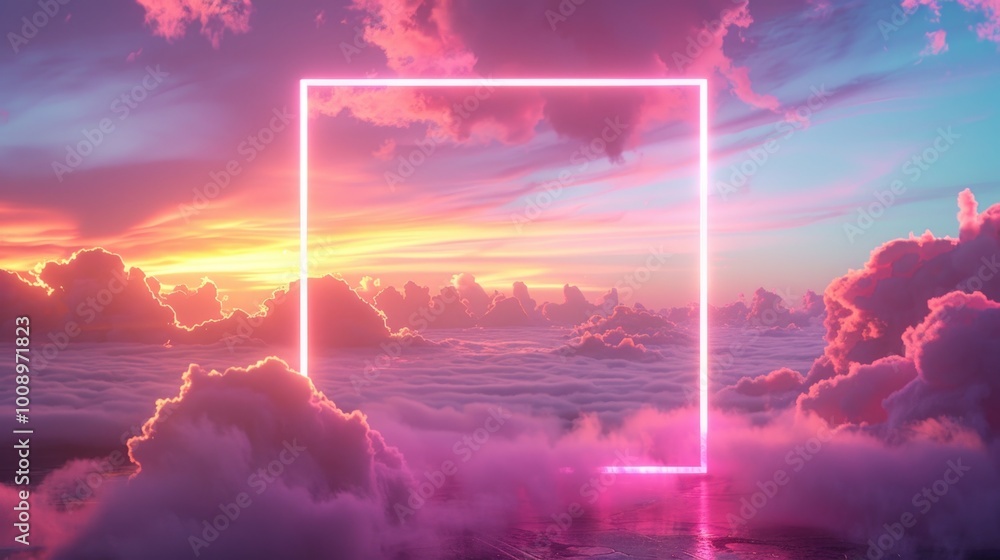 Aufkleber A pink neon frame floating in the midst of fluffy white clouds, great for use as a whimsical background or abstract design element