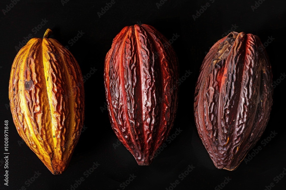 Poster a collection of three colorful fruits placed on a dark, matte surface