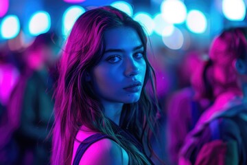 A woman with long hair stands in front of a crowd, her voice carrying out to the audience