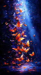   A painting of vibrant orange butterflies soaring above a serene water body, illuminated by a brilliant light behind them