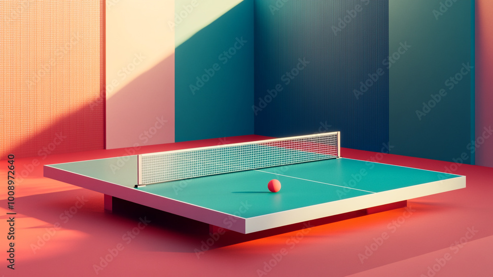 Poster a colorful ping pong table with a ball positioned in a modern, abstract environment