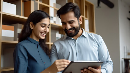 people working on laptop,A photo of an man and woman smiling while looking at the tablet in their hands.