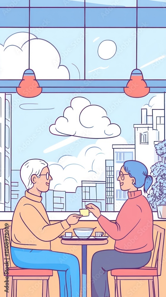 Wall mural Two people sharing a moment over drinks in a cozy caf? with a city view.