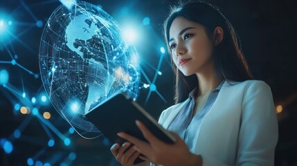 Woman Holding Tablet with a Digital Globe and Network Illustration