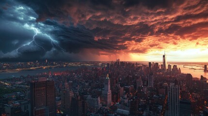 Lightning Strikes Over a Cityscape During Sunset