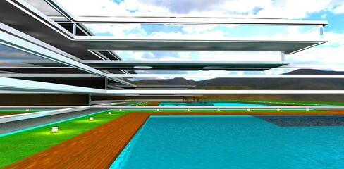 Wooden deck along a turquoise pool. Modern house with a glass facade. Low daytime streetlights on the grass. 3D rendering.