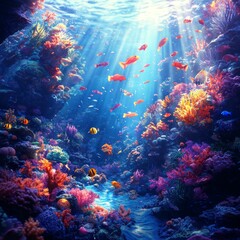 Fototapeta premium Vibrant Coral Reef Underwater Scene with Colorful Fish and Sunbeams