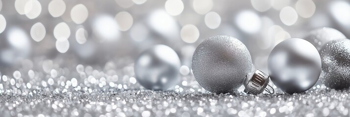 Beautiful bokeh background scene featuring shiny silver Christmas balls on a glittery surface with festive ambiance.