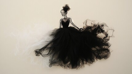 Fototapeta premium A monochrome portrait of a lady adorned in a black dress and white-feathered skirt