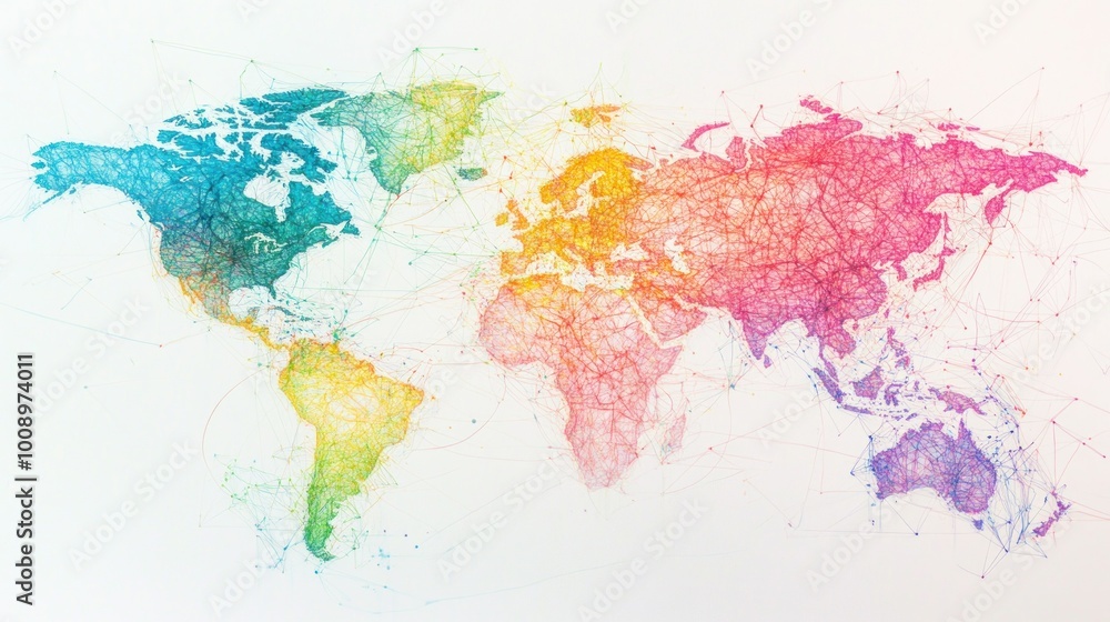 Poster Abstract Watercolor World Map with Connected Lines and Dots