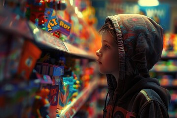 Obraz premium A young boy examines toys in a retail shop, a common scene for families and kids