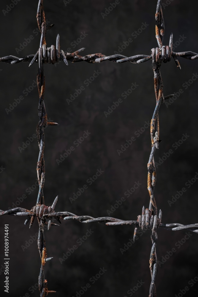 Poster A close-up shot of a barbed wire fence with sharp edges and rusty texture