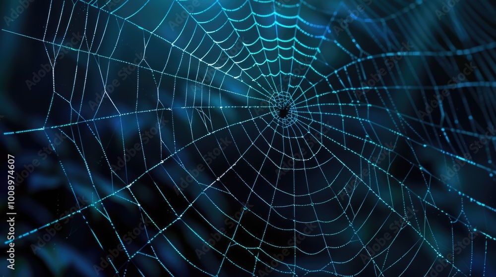 Poster a close-up shot of a spider web covered in tiny water droplets, perfect for use in scientific or edu