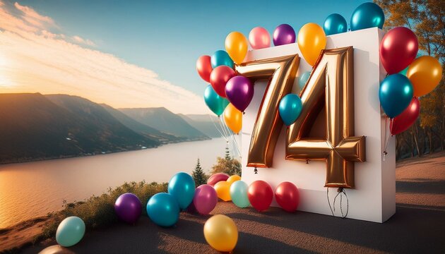 Banner with number 74 colorful balloons with copy space