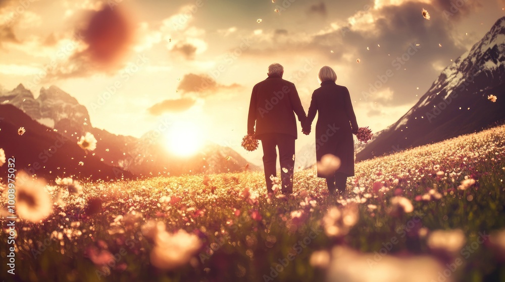 Wall mural A couple walks hand-in-hand through a flower-filled field at sunset, symbolizing love and connection.