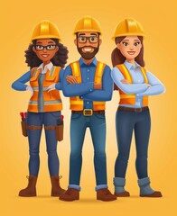 Three construction workers smiling in safety gear indoors