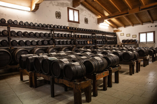 Balsamic vinegar barrels where the vinegar waits to be aged.