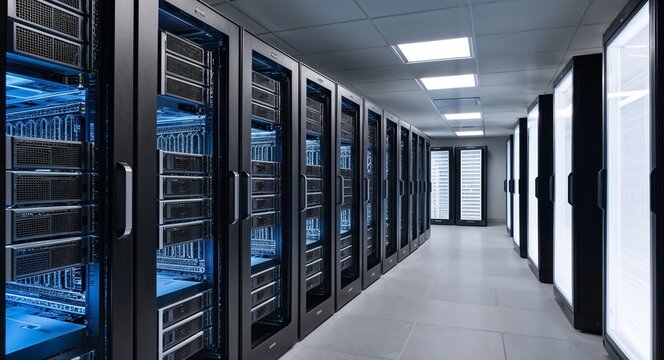 Cuttingedge data facility equipped with sleek server racks and efficient cooling technology