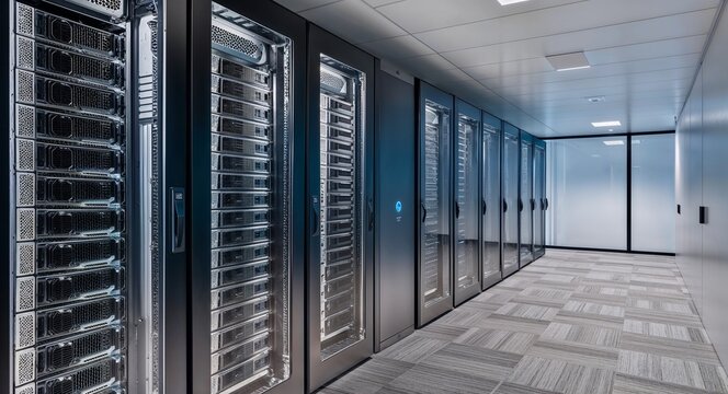Cuttingedge data facility equipped with sleek server racks and efficient cooling technology