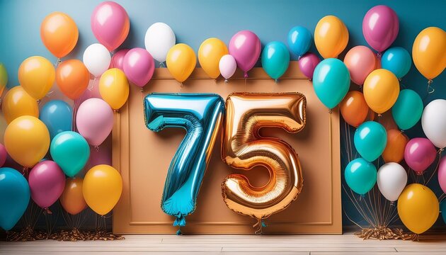 Banner with number 75 colorful balloons with copy space