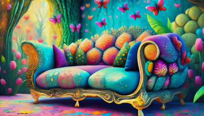 oil painting style cartoon illustration multicolored Corner fabric sofa near vibrant wall