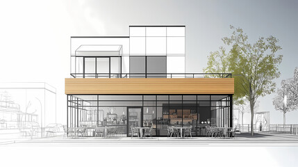 3D illustration of a modern minimalist coffee shop landscape. Architectural design perspective, construction of a fantasy building.