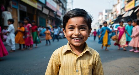 Delightful portrait of a cheerful Indian boy in kindergarten smiling at the camera on a bustling...