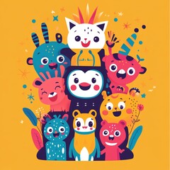 Obraz premium Cute Cartoon Animal Friends Group Illustration Happy Characters Design