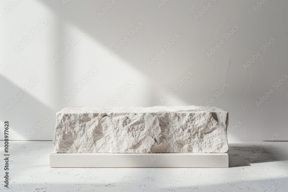 Poster a stone block sits on a plain white floor, suitable for use in architectural or interior design sett