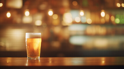 In this close-up, a glass of cold beer sits in the foreground, with its golden hue glowing under the bar&acirc;&euro;&trade;s ambient lighting. Behind the glass, a blurred display of drinks and shelves creates depth,