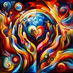 Diverse Connections 
A series of abstract digital art representing the human connections across diverse cultures, with vibrant colors and symbolic elements like hands, hearts, and earth. This artwork 