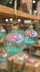   A close-up of a glass ornament dangling from a tree, surrounded by other glass ornaments on a nearby shelf