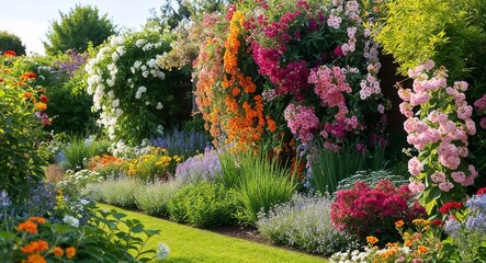 Flourishing summer garden adorned with a tapestry of colorful blossoms