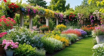 Flourishing summer garden adorned with a tapestry of colorful blossoms