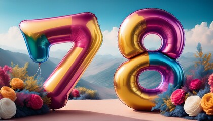 Banner with number 78 colorful balloons with copy space