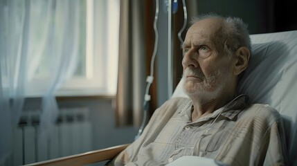 Fototapeta premium Elderly Man Gazes Out Hospital Window Finding Hope in Resilience and Struggle