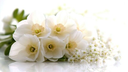 Fototapeta premium White flowers on white surface with reflection