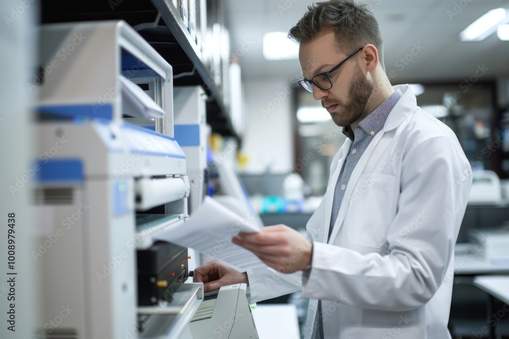 Poster A researcher examining a document in a lab setting, possibly discussing findings or making notes