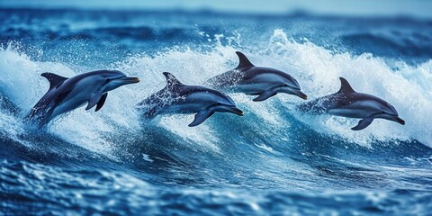 A dynamic scene of dolphins leaping through ocean waves, showcasing grace and beauty in their natural habitat.