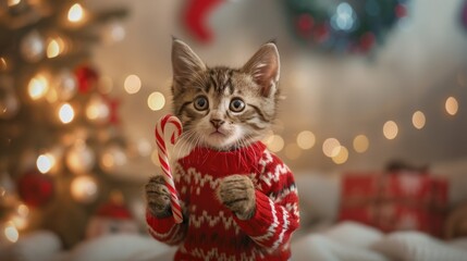 A cute kitten holds a candy cane while wearing a colorful sweater