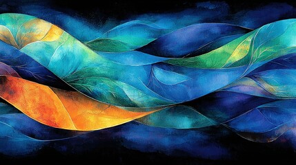   A triad of blues, yellows, and greens paint the foreground on a dark canvas, framed by a vivid blue sky