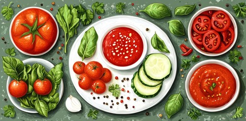 Top view of a plate with tomato sauce, cucumber slices, cherry tomatoes, and spices.