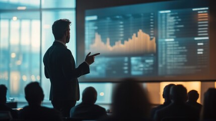 A business presentation with a speaker pointing at data visualizations on a screen.