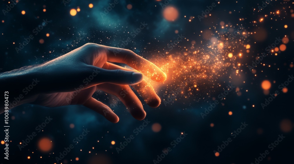 Wall mural a hand touching a glowing and abstract representation of the cosmos or space filled with stars and e