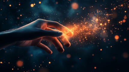A hand touching a glowing and abstract representation of the cosmos or space filled with stars and entities with the use of technology through holograms, augmented reality science