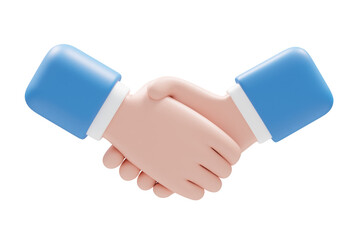 3D rendered illustration of business cooperation concept with hand icon, cartoon businessman showing handshake gesture isolated on transparent background.