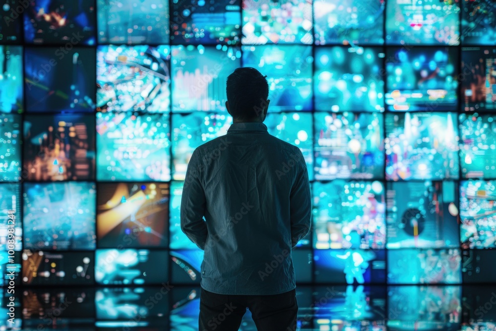 Aufkleber A person standing near a large screen displaying multiple TVs, ideal for use in digital media or technology-related contexts