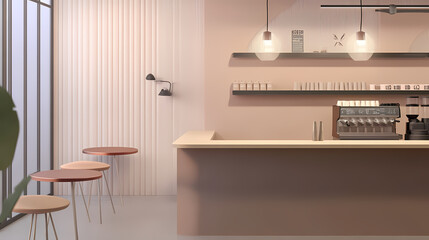 3D illustration of a modern minimalist coffee shop landscape. Architectural design perspective, construction of a fantasy building.