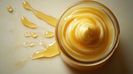 A close-up of creamy sauce in a jar with drips on a surface.